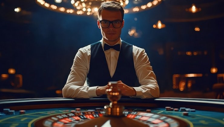 Dealer meja blackjack langsung di studio slotgacor77 dengan multi-kamera